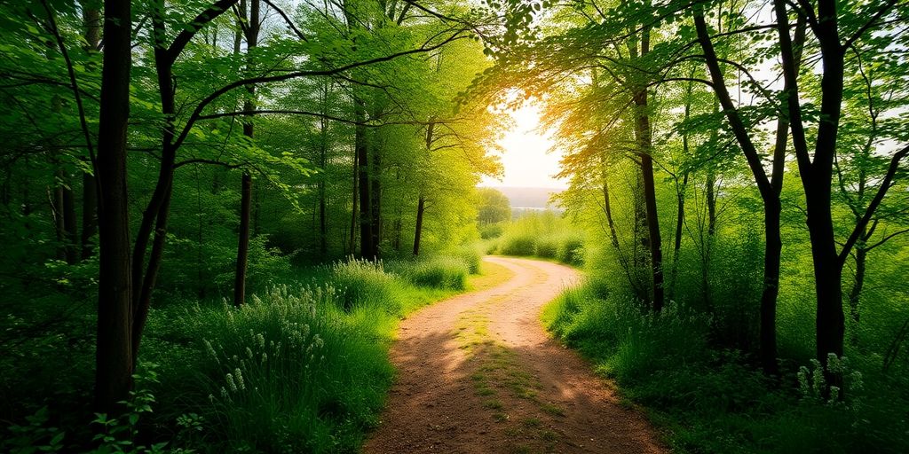 Pathway through nature leading towards a bright horizon.