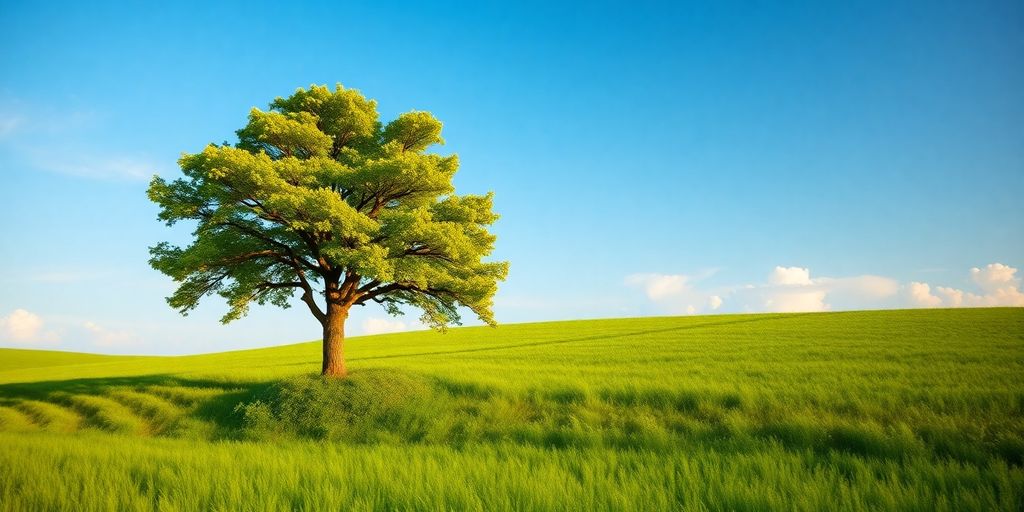 A flourishing tree in a vibrant green landscape.