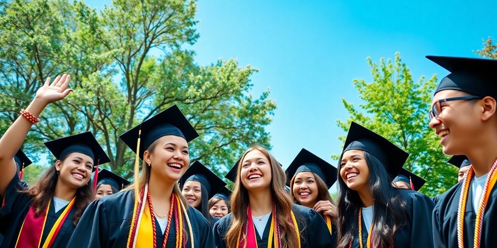 Group of happy graduates celebrating outdoors.