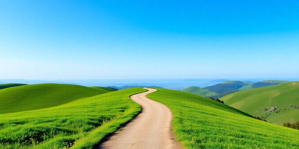 A winding path through greenery leading to a horizon.