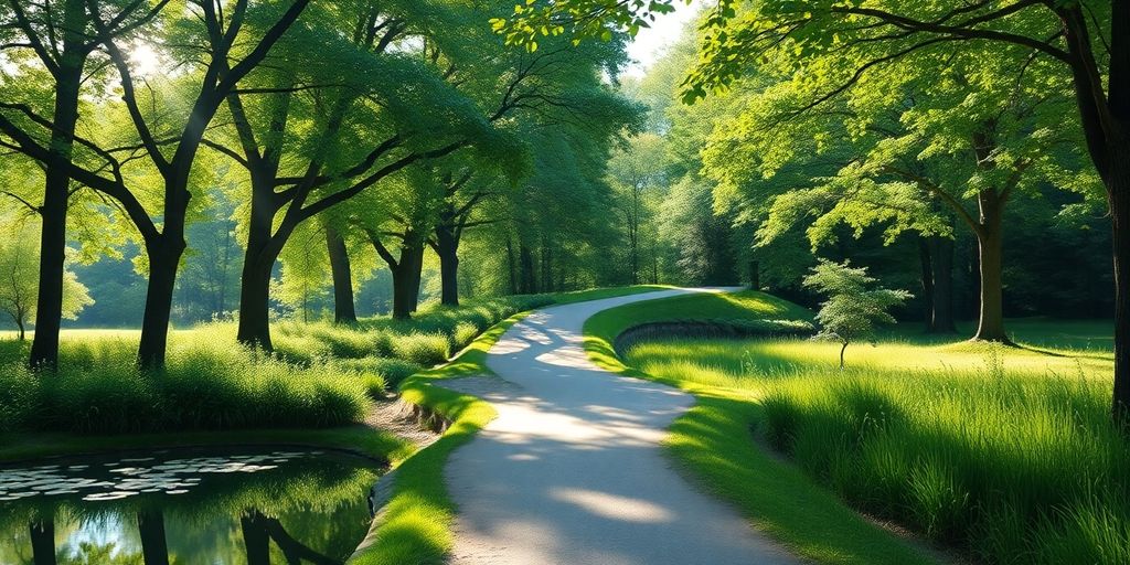 Lush landscape with a winding path and tranquil pond.