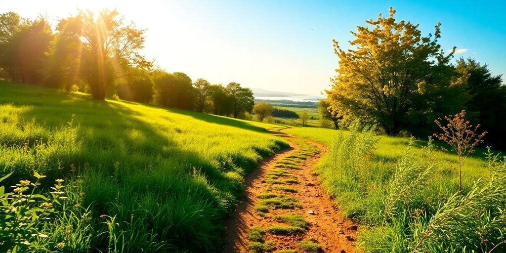 Winding path in a lush landscape toward a bright horizon.