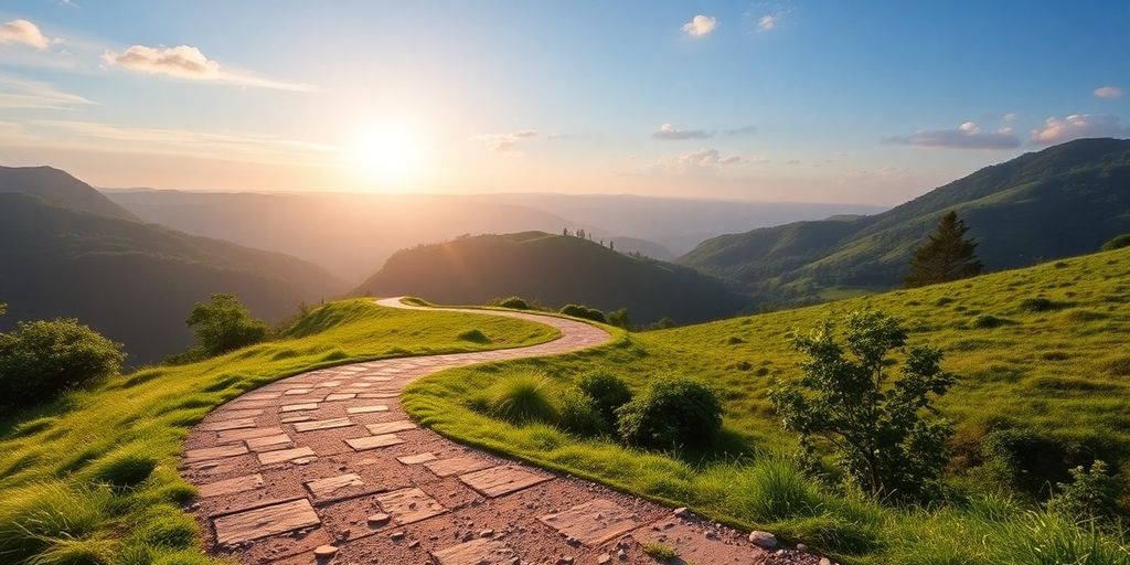 A serene landscape with a winding path and greenery.